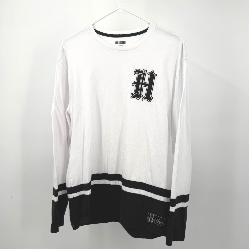 Y2K Hollister Mens L T-Shirt White‎ Long Sleeve Gothic H Patch Striped Sleeve